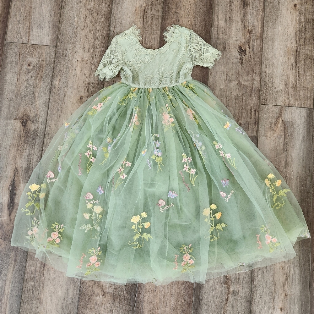 Sage Green Floral Embroidered Tulle Flower Girl Dress, size 5